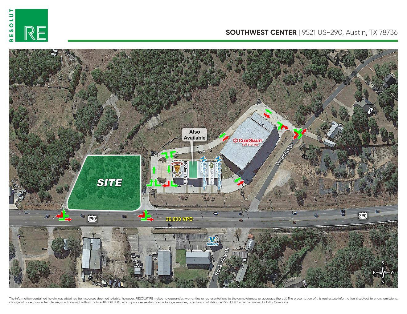 Access diagram aerial showing driveways from US-290 and Derecho Drive into Southwest Center.