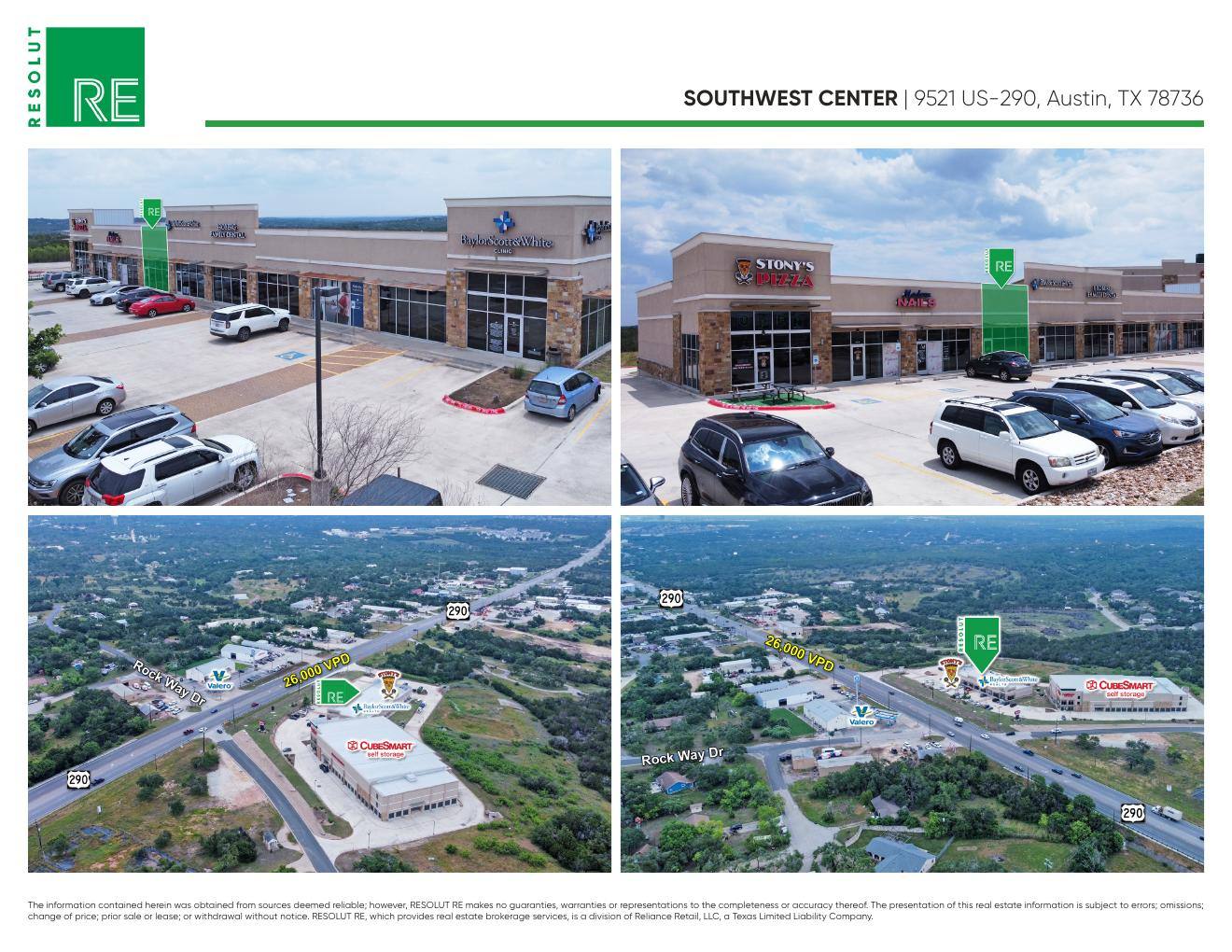 Aerial of Southwest Center on the south side of US-290 with CubeSmart behind the shops and Valero across the highway.