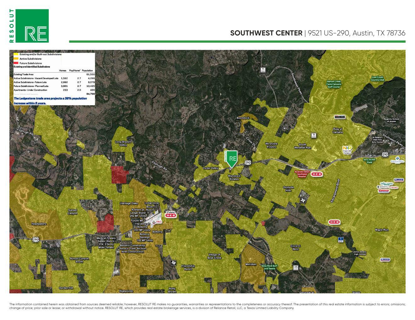 RESOLUT RE 2023 trade-area map for Southwest Center showing existing, active, and future subdivisions around US-290, including Belterra, Highpointe, Circle C West, and H-E-B locations, with a projected trade-area population of 84,798.