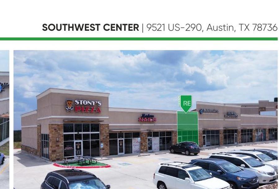 Closer view of the west corner restaurant and Modern Nails at Southwest Center, with outdoor seating and the surface parking lot in front.